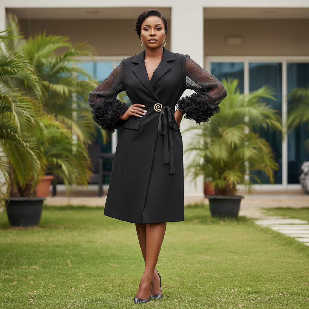 Black Sheer Sleeve Ruffle Cuff Dress - Front Model View