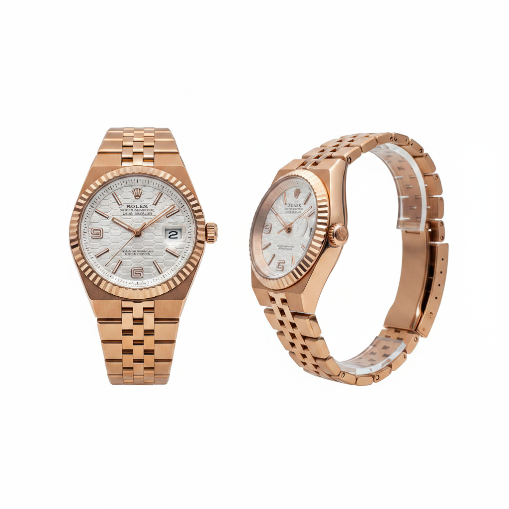 White honeycomb dial full rose gold steel couple watch — ghost mannequin front and side view