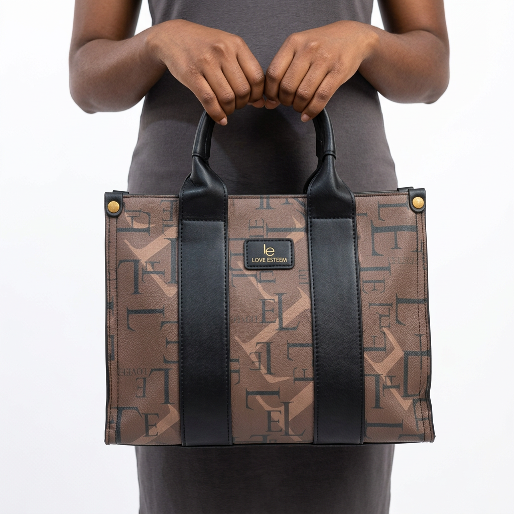 Hand-focused presentation of a brown patterned tote bag with black double handles