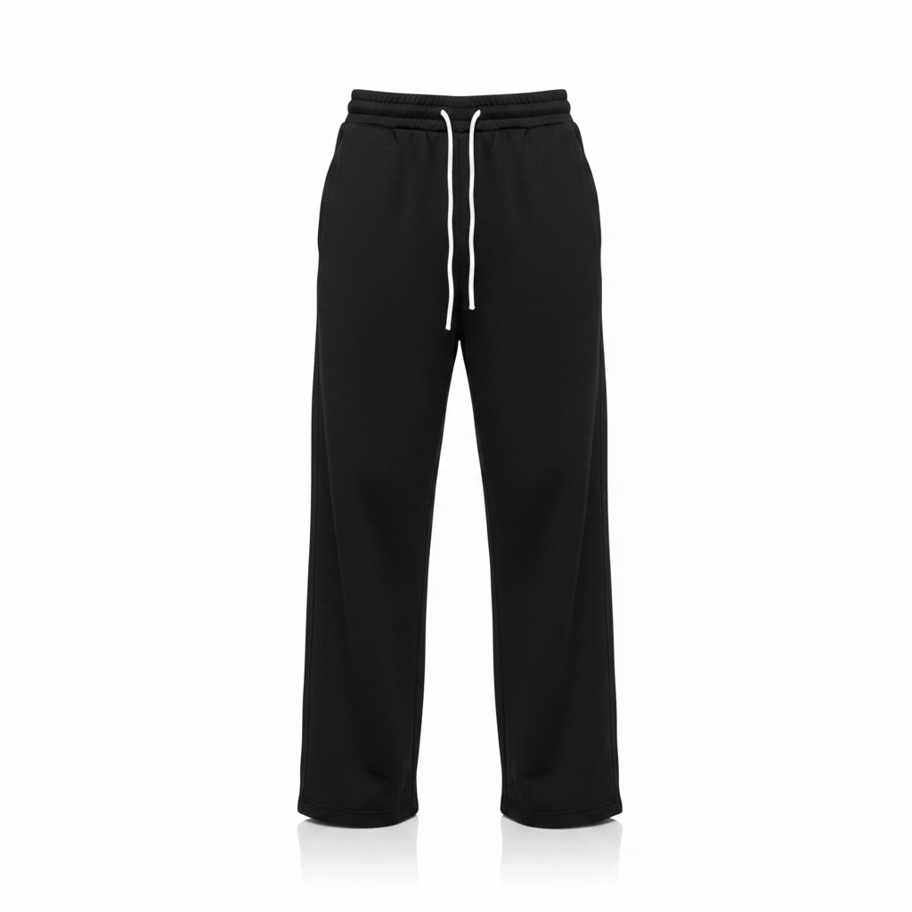 Unisex black wide-leg jogger trousers with drawstring waist ghost mannequin view