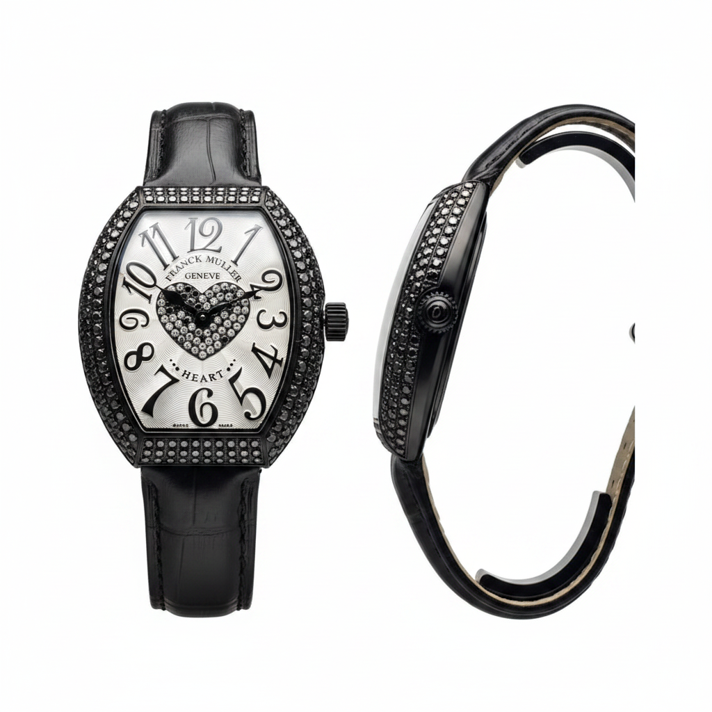Women's black PVD full black stone bezel dual crystal heart dial tonneau watch — ghost mannequin front and side view, black leather strap