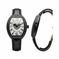 Women's black PVD full black stone bezel dual crystal heart dial tonneau watch — ghost mannequin front and side view, black leather strap
