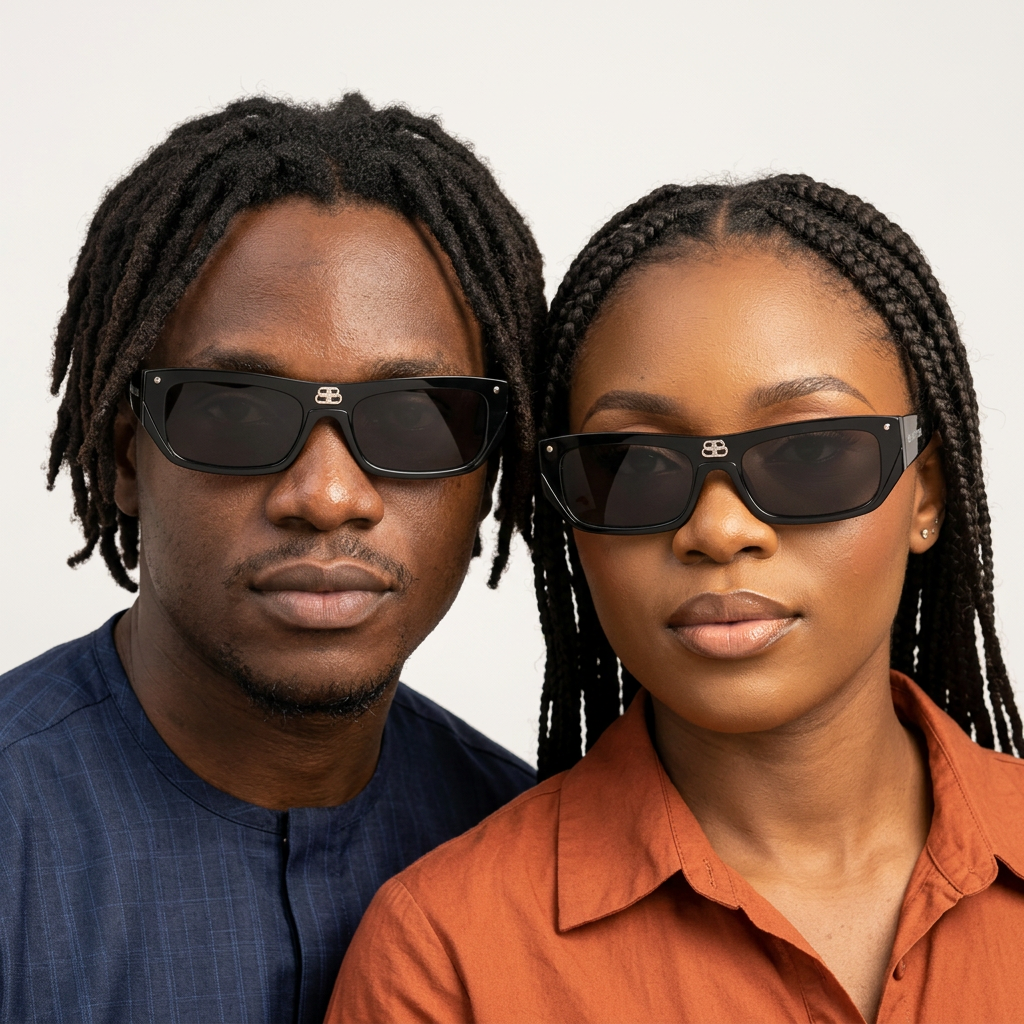 AI-generated adults wearing chunky black rectangular sunglasses