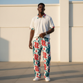 Male model wearing white ribbed abstract print polo and trouser two-piece set