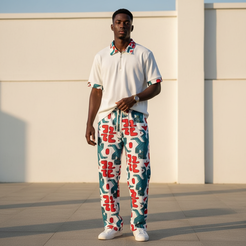 Male model wearing white ribbed abstract print polo and trouser two-piece set