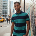 Teal Navy Bold Stripe Rugby Polo Shirt on Nigerian male model