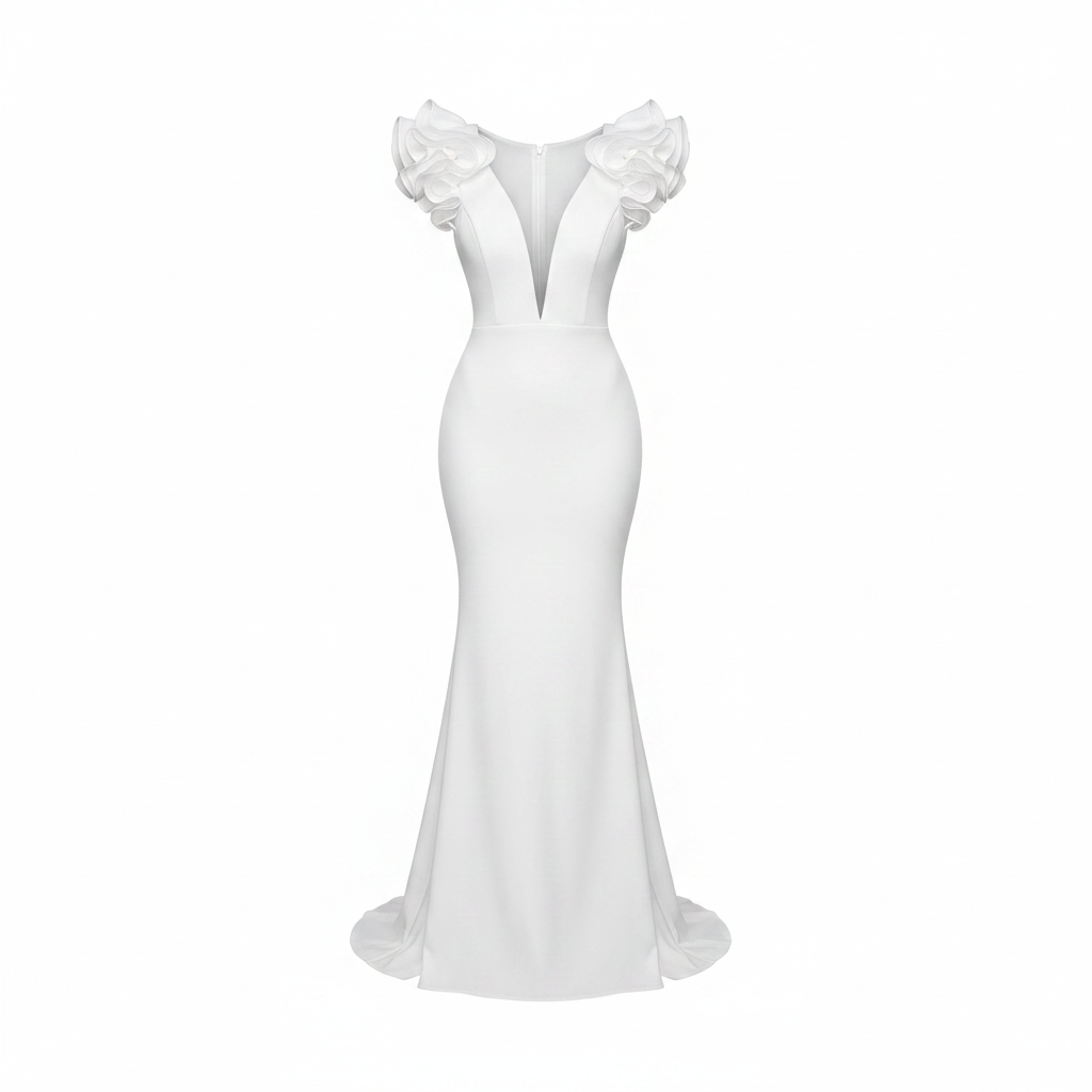 Women's white ruffle cap sleeve mermaid maxi gown – ghost mannequin front view