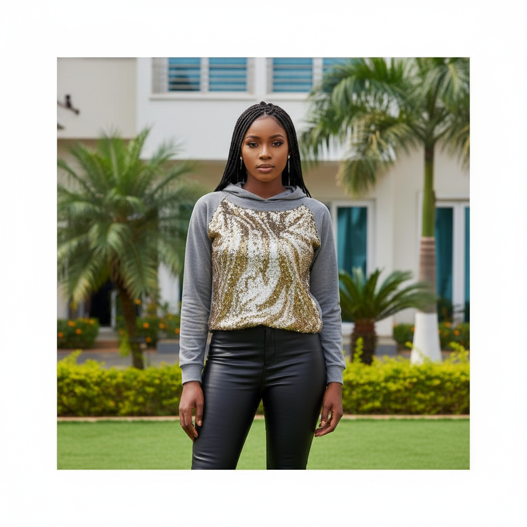 Women's grey gold sequin panel long-sleeve hoodie - model shot