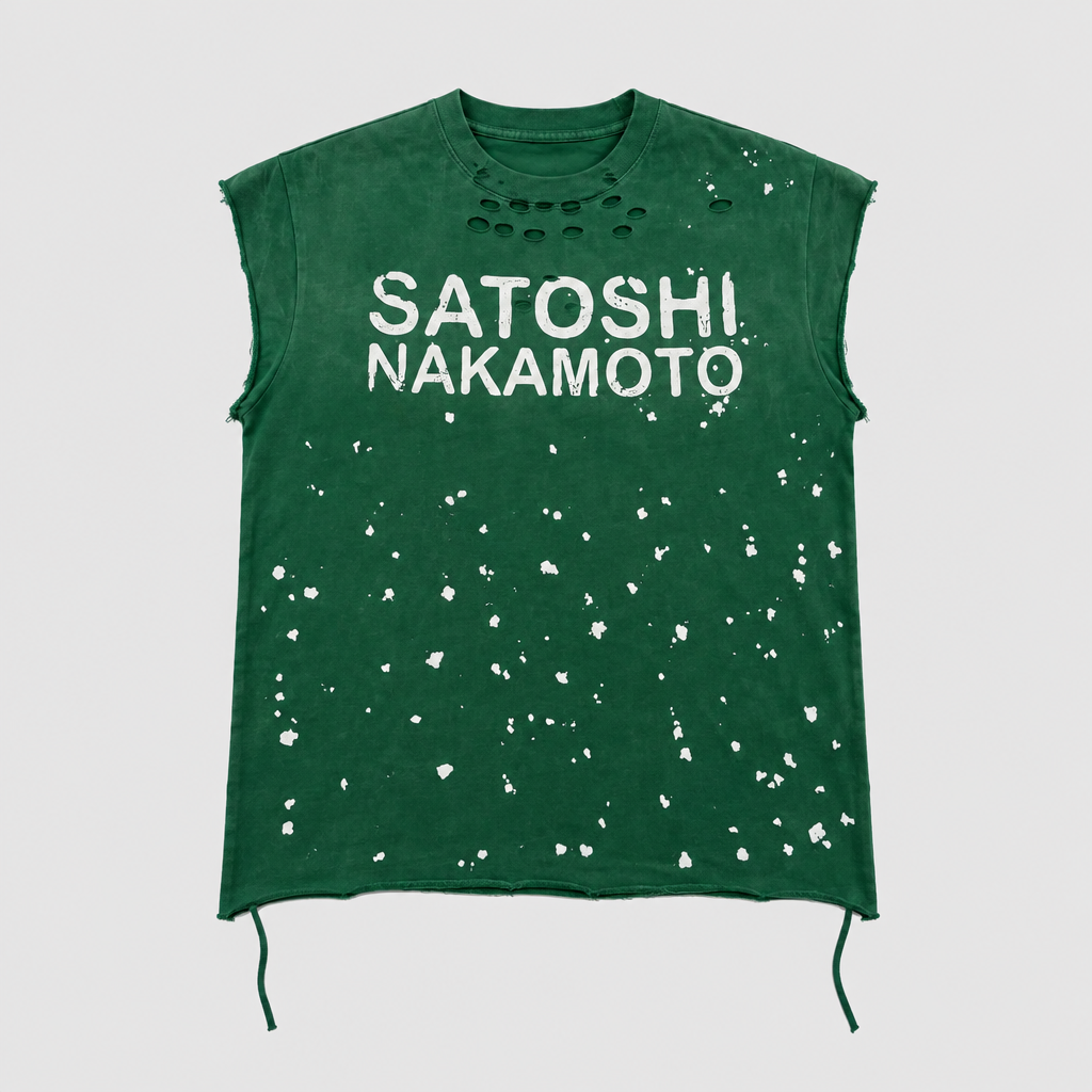 Ghost mannequin view of a green distressed sleeveless graphic shirt