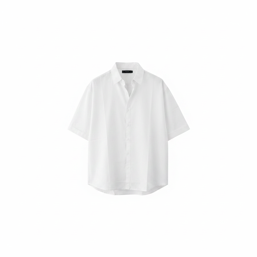 Men's white oversized short-sleeve button-down shirt – ghost mannequin front view