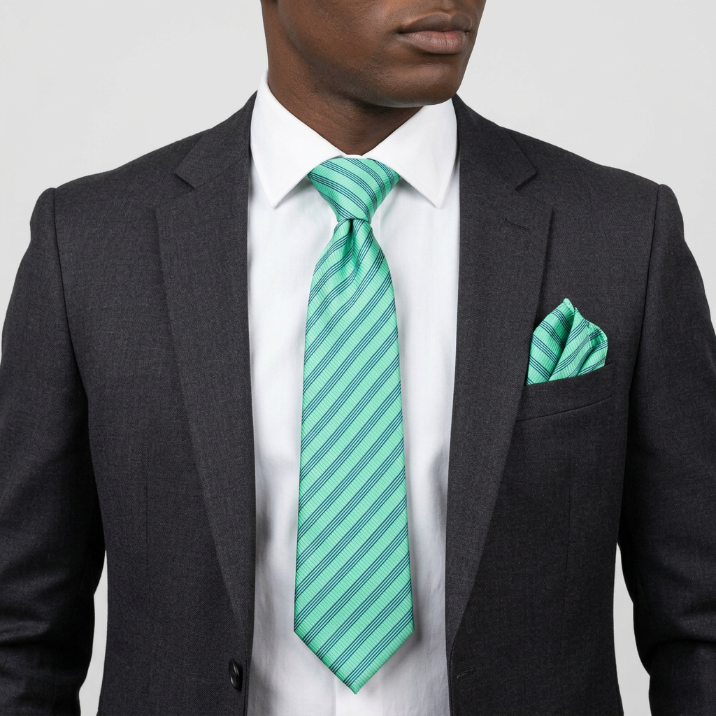 Close-up of mint-green striped tie and matching pocket square on an adult Black model