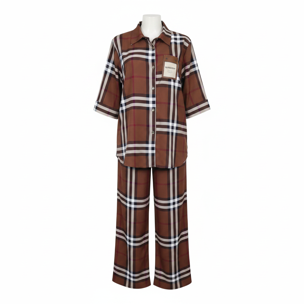 Brown Tartan Plaid Shirt & Trouser Set - Ghost Mannequin Front