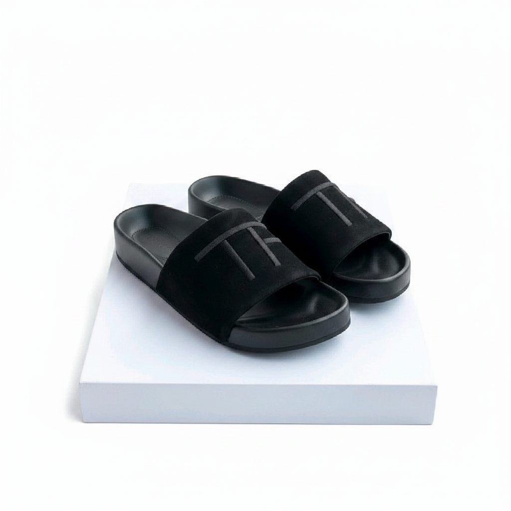 Men's black suede H-bar wide-strap slide sandals pair on white platform
