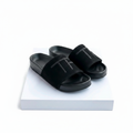 Men's black suede H-bar wide-strap slide sandals pair on white platform