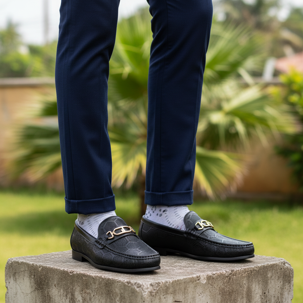 Men's black embossed leather loafer with gold hardware - Nigerian male model leg focus
