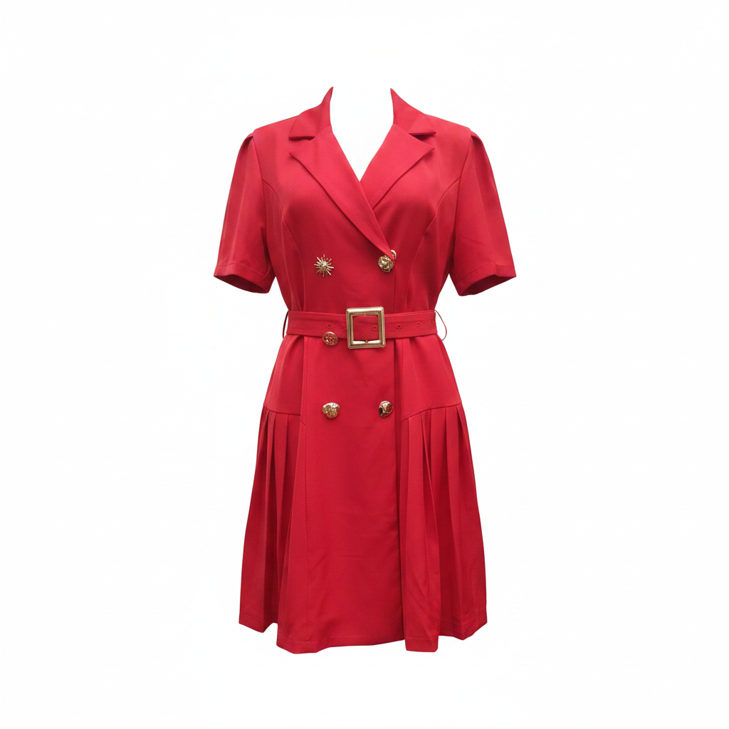 Women's bold red double-breasted gold button belted blazer dress - ghost mannequin front view
