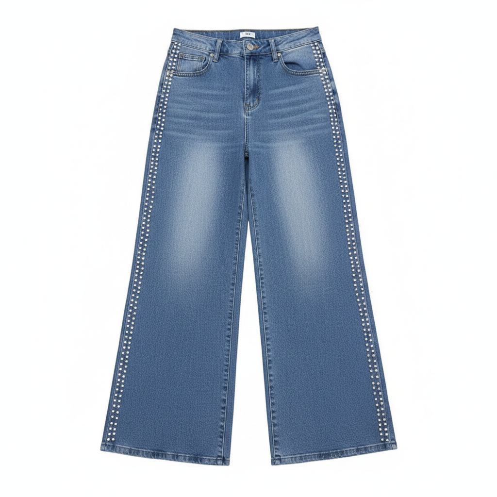 Women's blue wide-leg jeans with double rhinestone side seam stripe — ghost mannequin front view