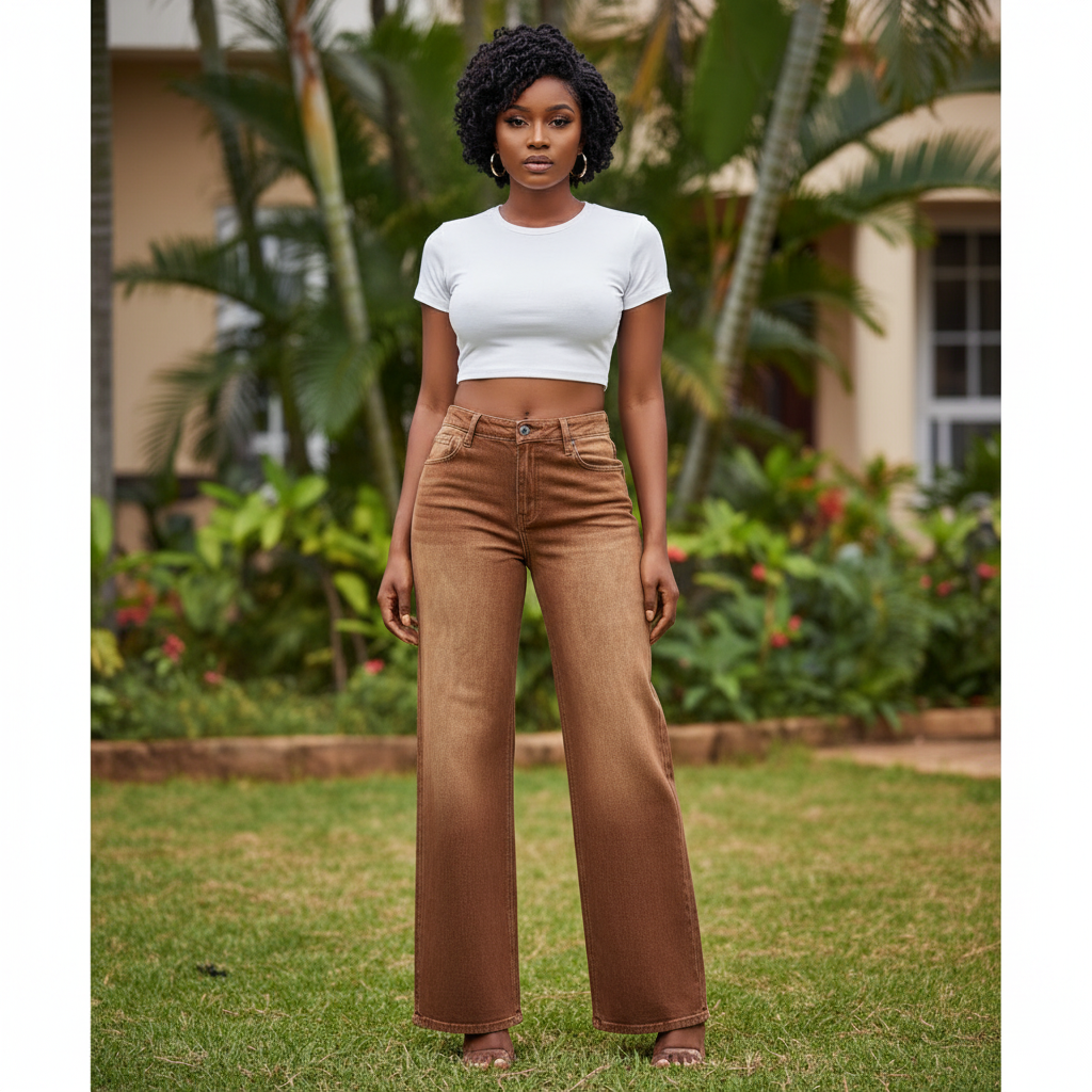 Brown High-Waist Wide-Leg Jeans - Nigerian Female Model Front View