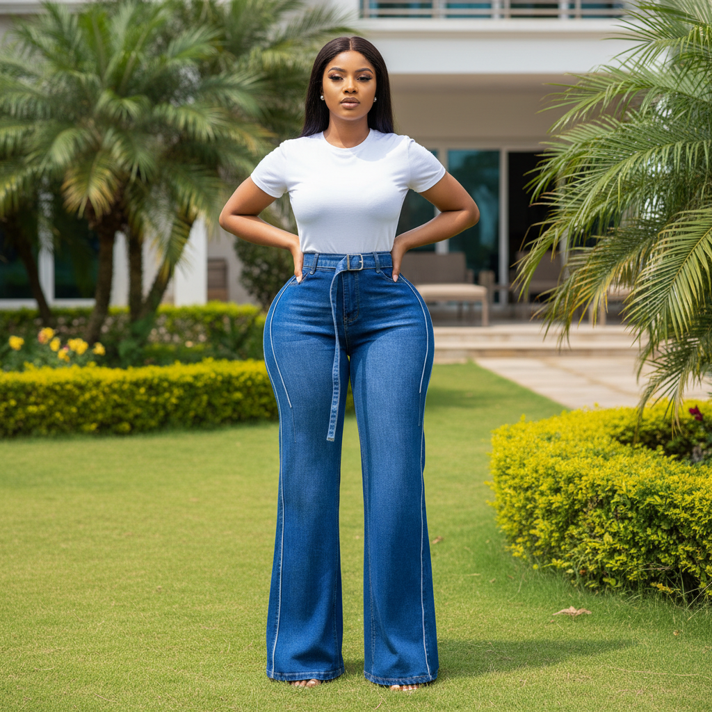Front view - Blue Belted Wide-Leg Contrast Piping Jeans