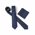 Men's navy blue anchor nautical print woven necktie and pocket square set flat lay product shot