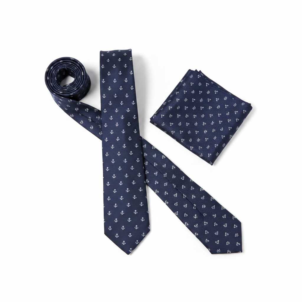 Men's navy blue anchor nautical print woven necktie and pocket square set flat lay product shot