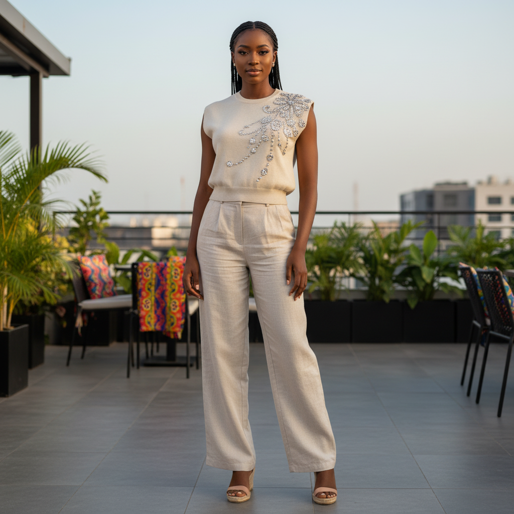 Young Nigerian female wearing cream rhinestone floral knit sleeveless top