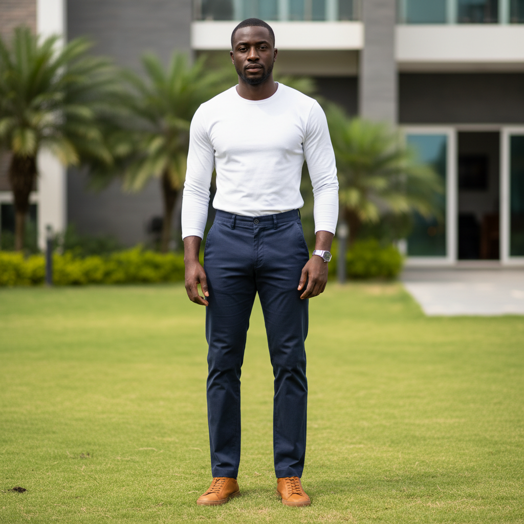 Nigerian male model wearing navy blue chino trousers in outdoor setting