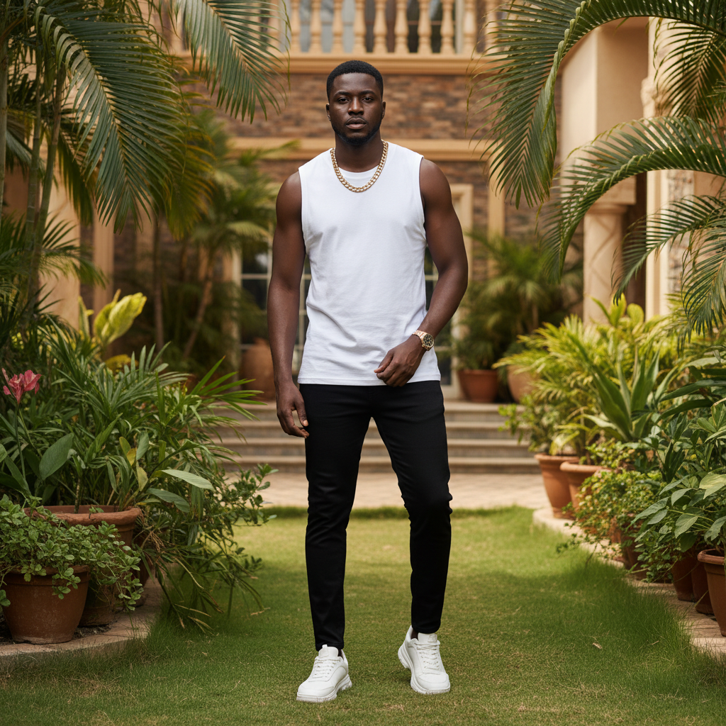 Nigerian male model wearing white sleeveless vest in outdoor setting