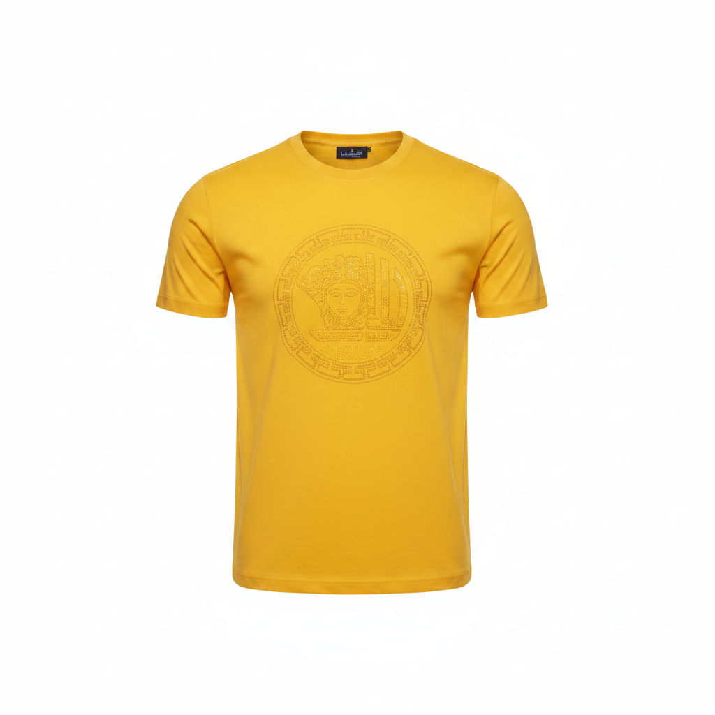 Ghost mannequin front view of yellow tonal circular mythological face badge T-shirt