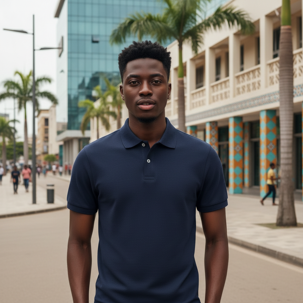 Young Nigerian male model wearing navy blue plain polo shirt, front view, Nigerian urban background