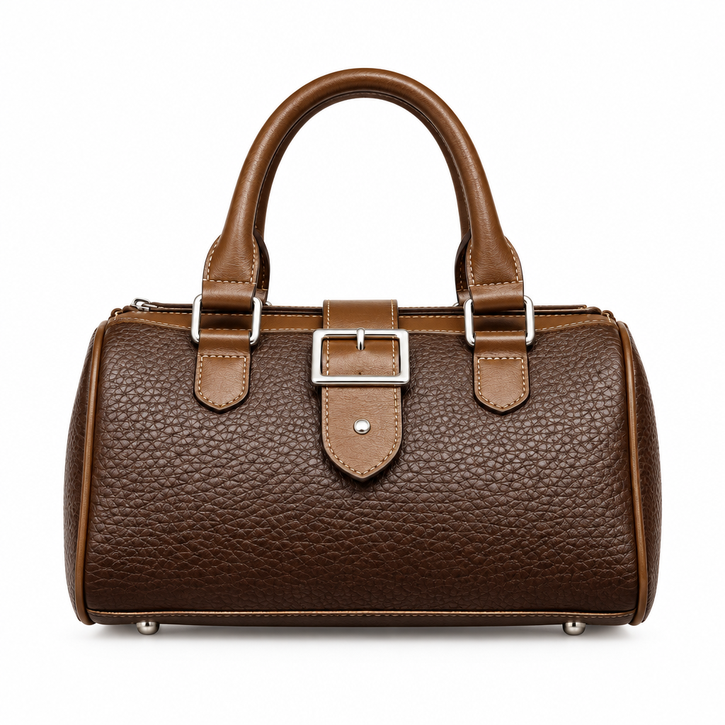 Brown textured barrel handbag with buckle-front detail on white