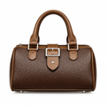 Brown textured barrel handbag with buckle-front detail on white