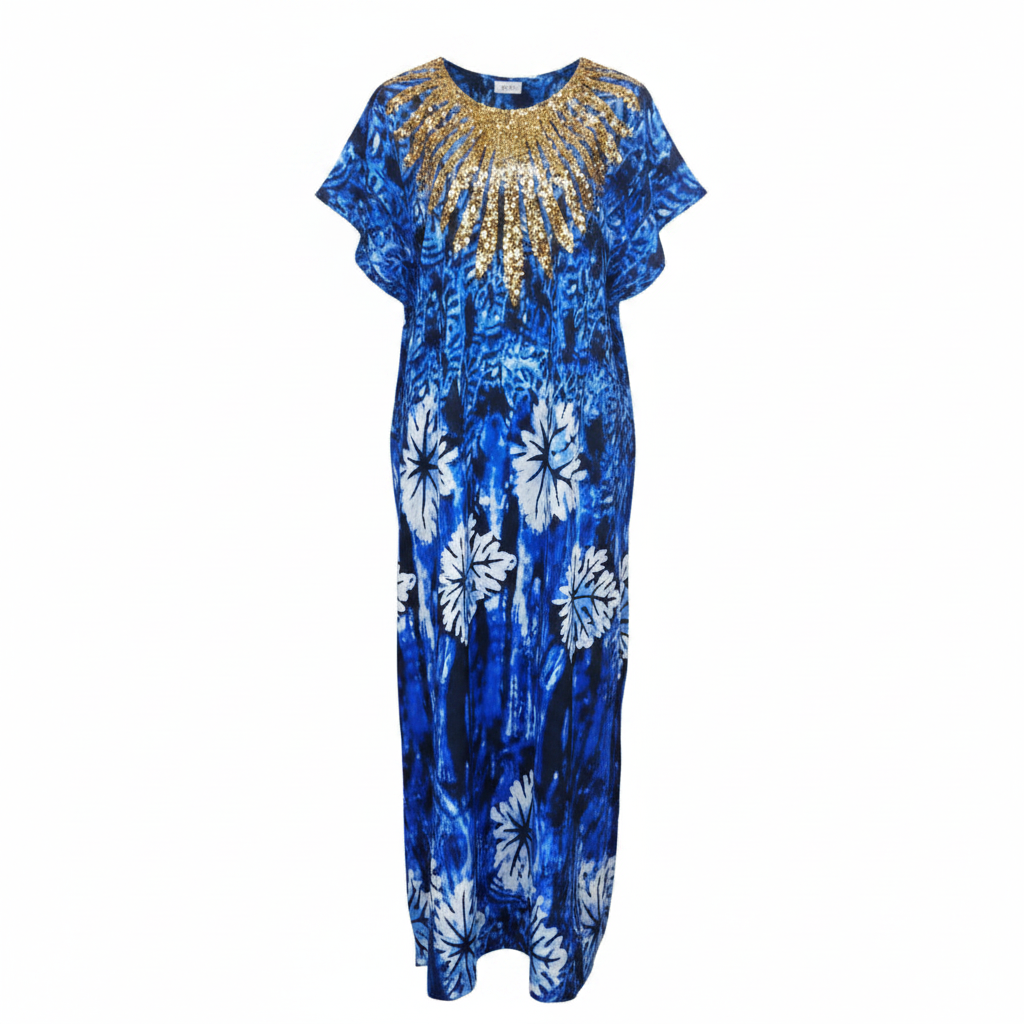 Ghost mannequin view of Blue Adire Long Bubu Gown with gold sequin neckline