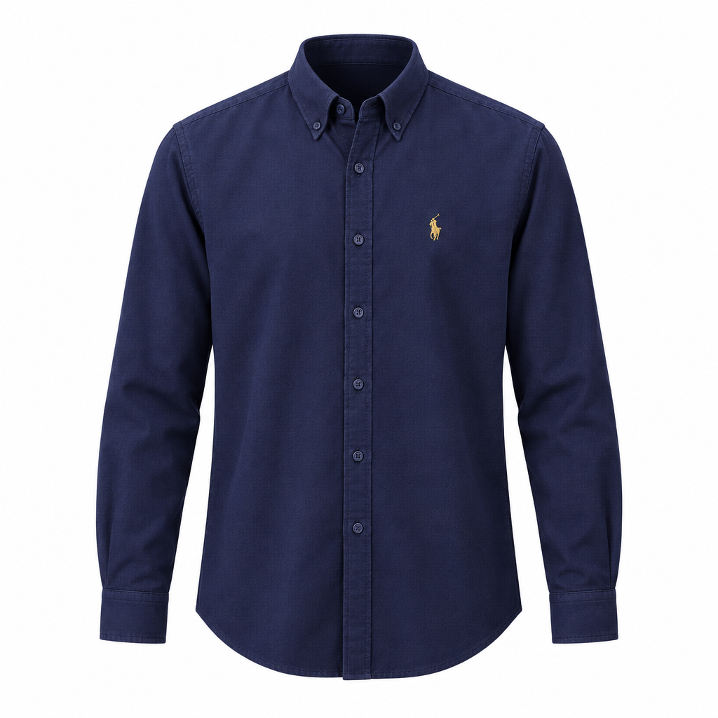 Navy blue Oxford button-down long sleeve shirt ghost mannequin on white background