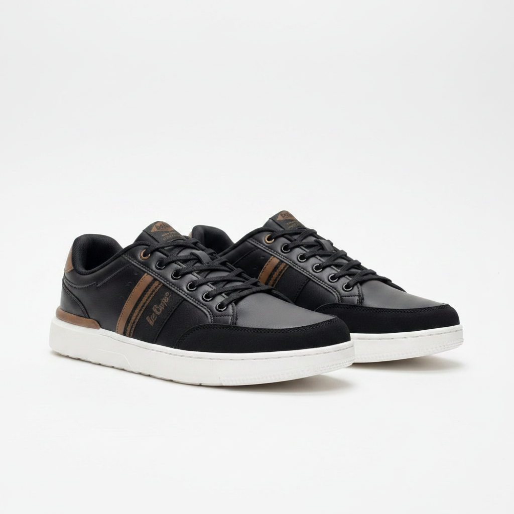 Men's black leather lace-up sneakers with brown stripe panel pair product shot