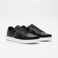 Men's black leather lace-up sneakers with brown stripe panel pair product shot