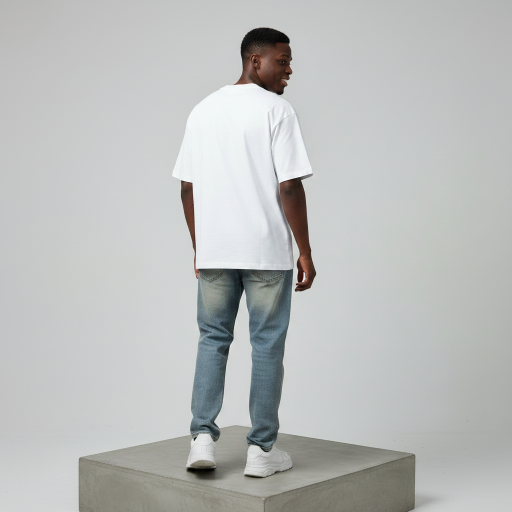 White Chanyoo Collage Graphic Oversized Tee - Male Model Back