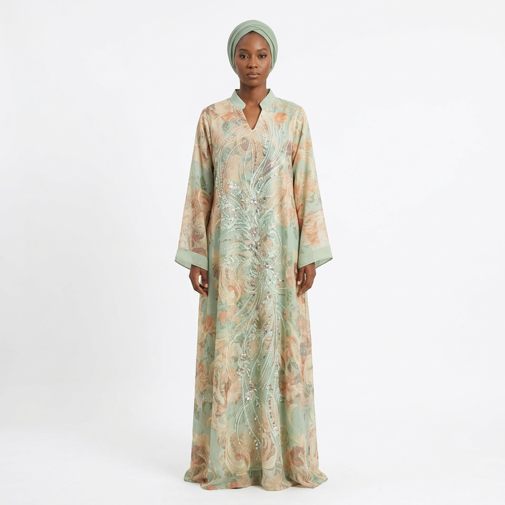 Single Nigerian female model wearing the sage paisley shimmer-trail abaya