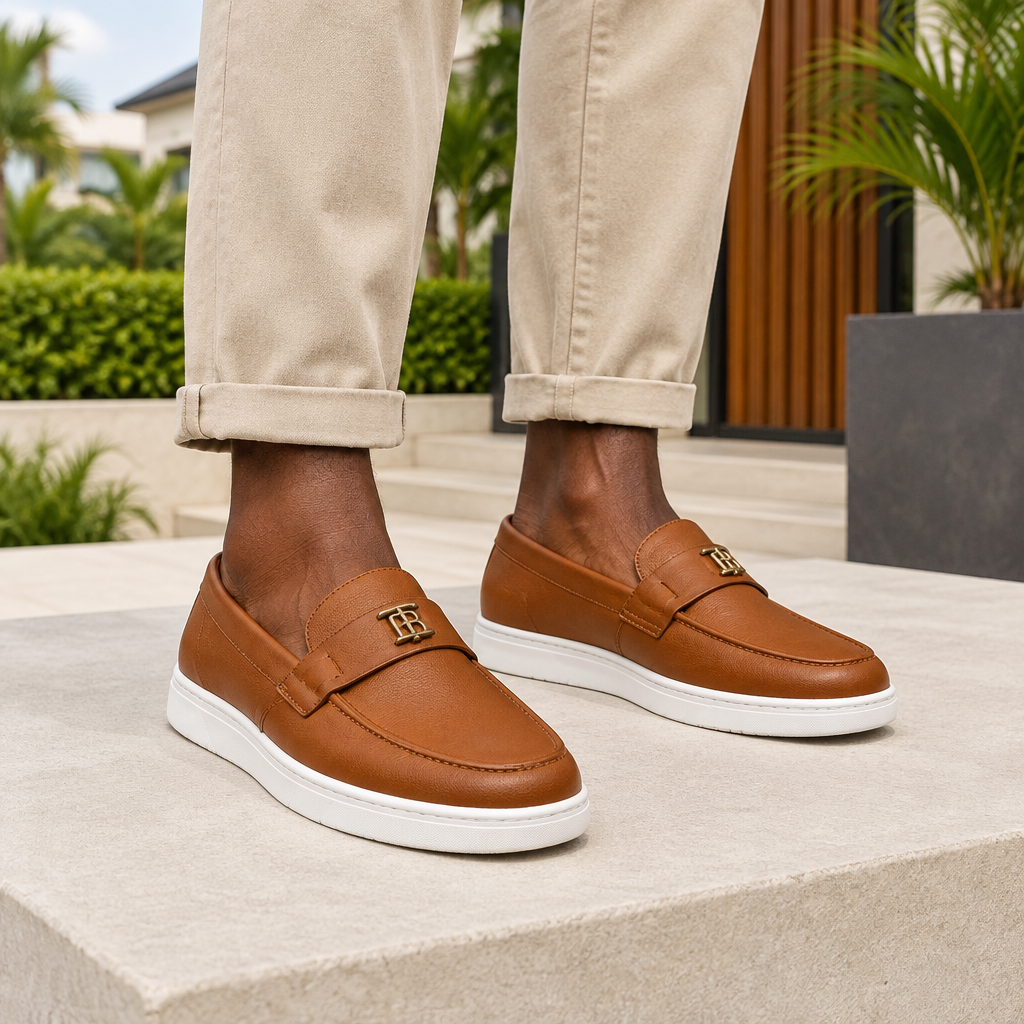 Man wearing tan leather slip-on loafer sneakers with relaxed trousers