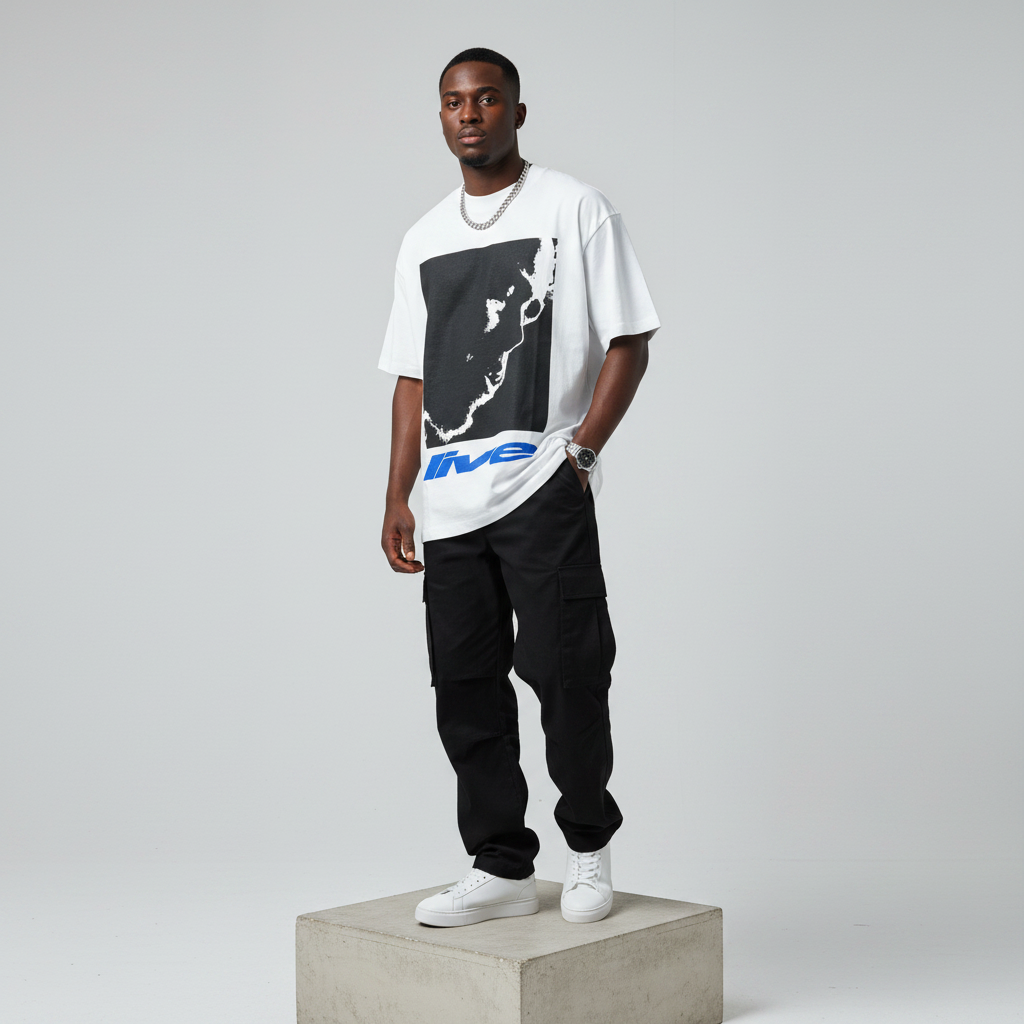 White Five Graphic Oversized Tee - Male Model Front