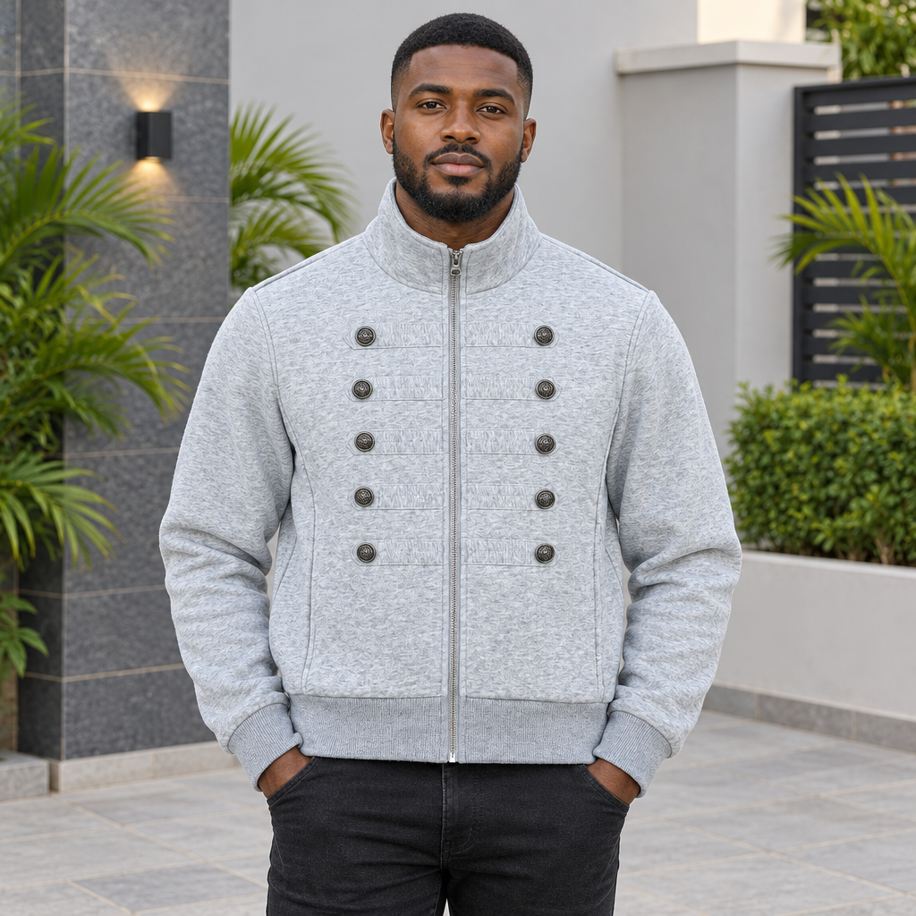 Men's light grey button-detail zip jacket on Black Nigerian model