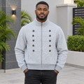 Men's light grey button-detail zip jacket on Black Nigerian model