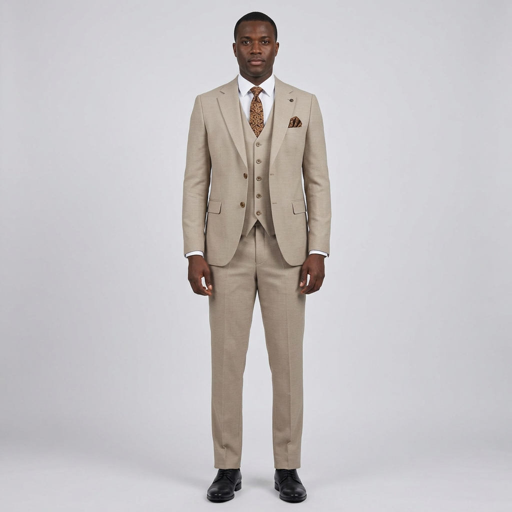 Full-body Black adult model wearing a light beige textured three-piece suit