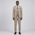 Full-body Black adult model wearing a light beige textured three-piece suit