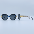 Unisex oversized round blue tortoise sunglasses with gold hinge detail – front and side view on white background