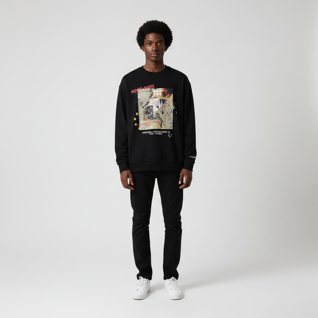Man wearing the black photo print sweatshirt