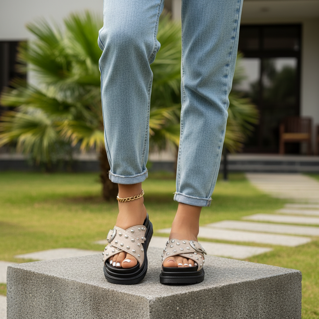 Leg focus shot of Nigerian female model wearing beige studded cross-strap platform slide sandals with western buckle
