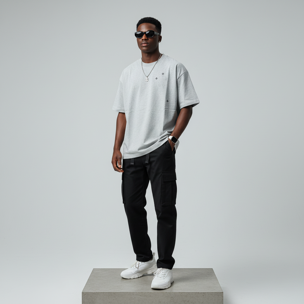 Grey Marl Cross Emblem Oversized Tee - Male Model Front