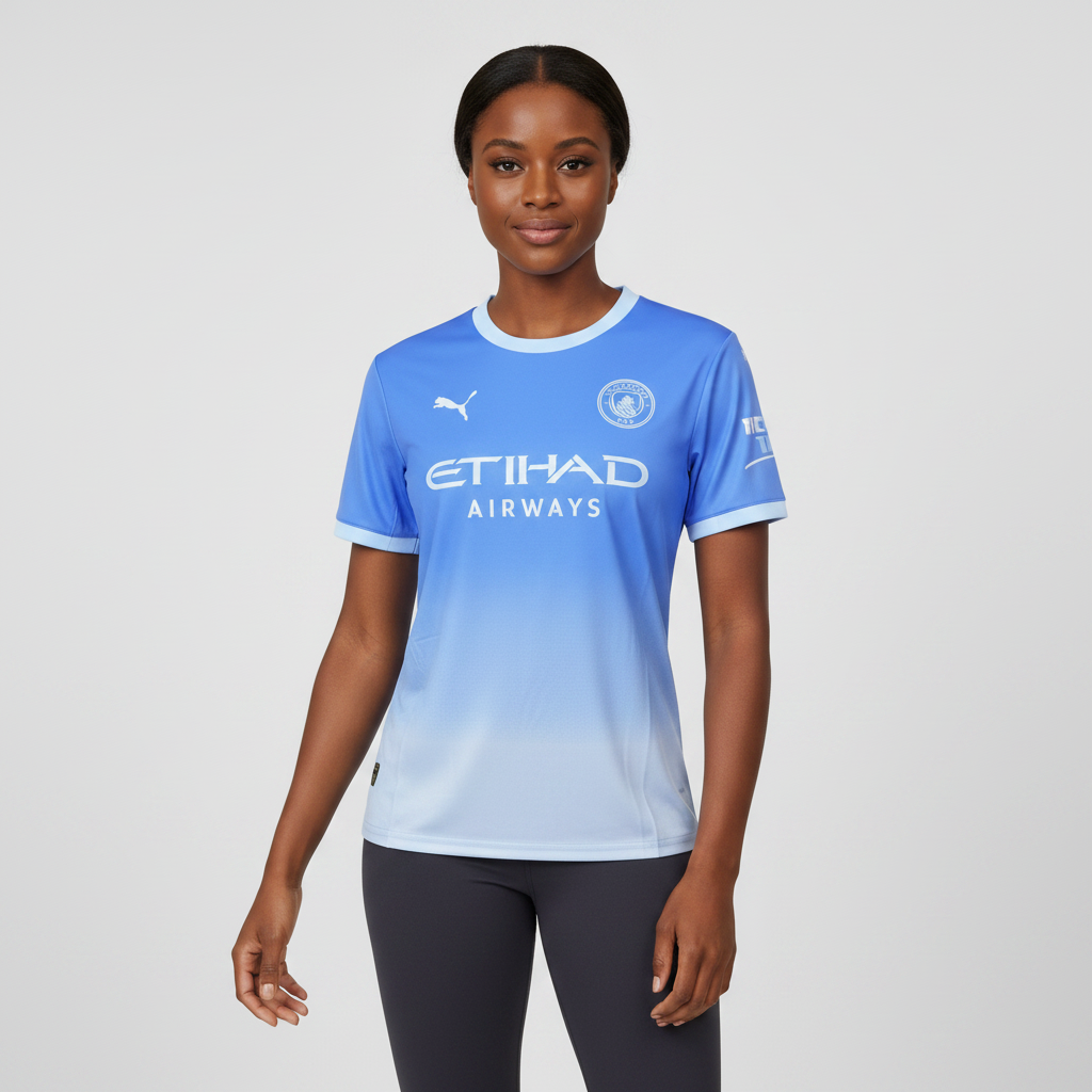 Nigerian female model wearing Manchester City home jersey