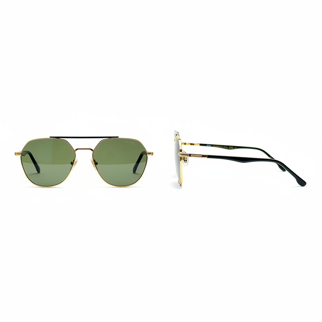 Unisex round aviator sunglasses gold double-bridge dark green olive lens black brow bar black temple – front and side view